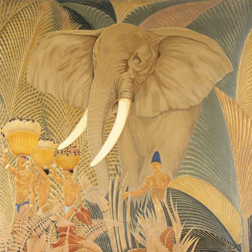 Papier peint ancien animal, Elephant et porteuses