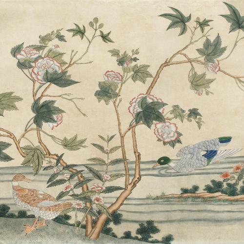 Papier peint ancien animal, paysage aux canards