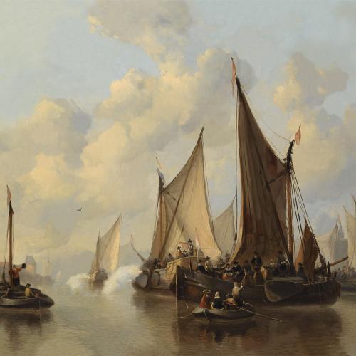 Papier peint ancien marine : Arrivée de hauts personnages dans un port hollandais du 17 ème siècle
