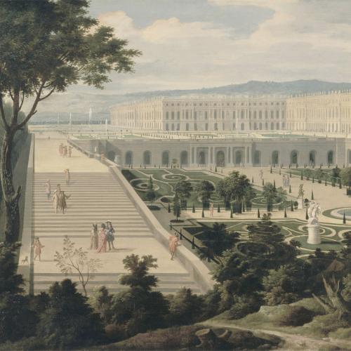 Papier peint panoramique Vue de l'Orangerie, des escaliers des Cent-Marches et du Château de Versailles vers 1695