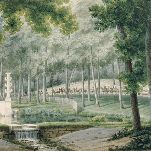Papier peint panoramique Vue du bassin de Neptune en dehors du parc près de la grille à la Malmaison